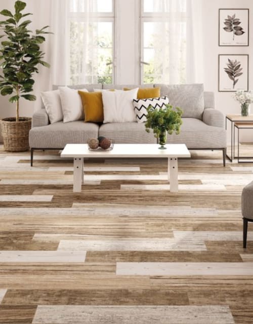 living room with multi colored hardwood plank flooring