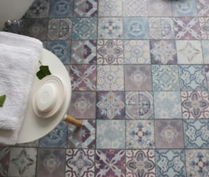 patterned multi-color tile flooring in a bathroom